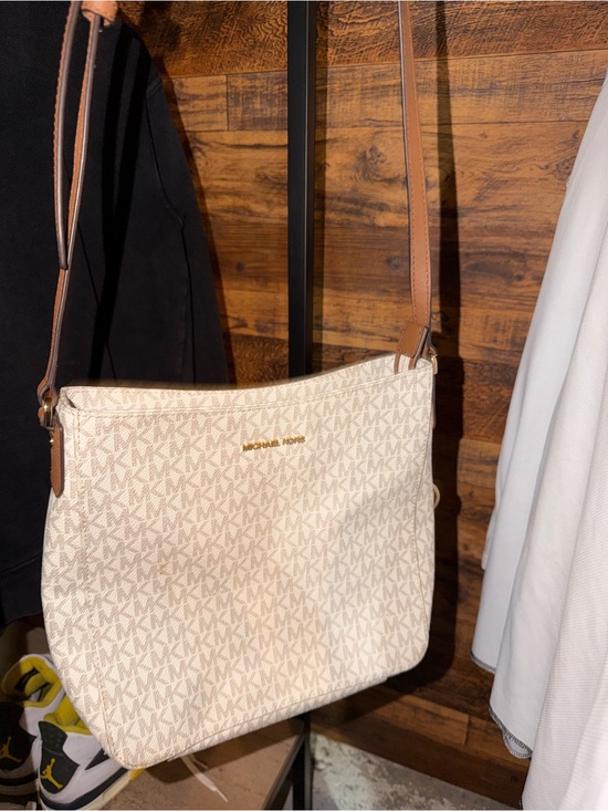 Michael Kors Handbags - Michael Kors Cream MK Signature Crossbody with Tan Strap